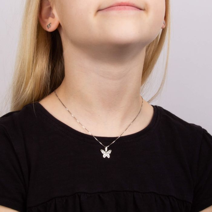 ‘D for Diamond’ Children’s Sterling Silver & Diamond Intricate Filigree Butterfly Necklace