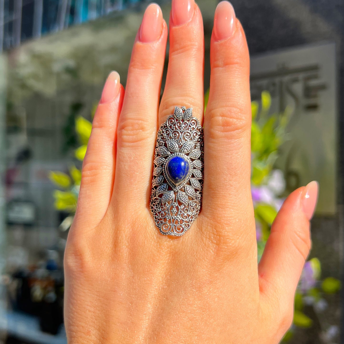 XL Chunky Sterling Silver Boho Blue Lapis Lazuli Ring - Size O