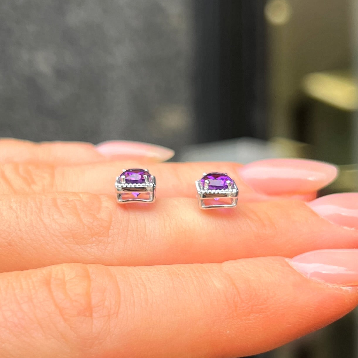 9ct White Gold Purple Amethyst & Diamond Stud Earrings