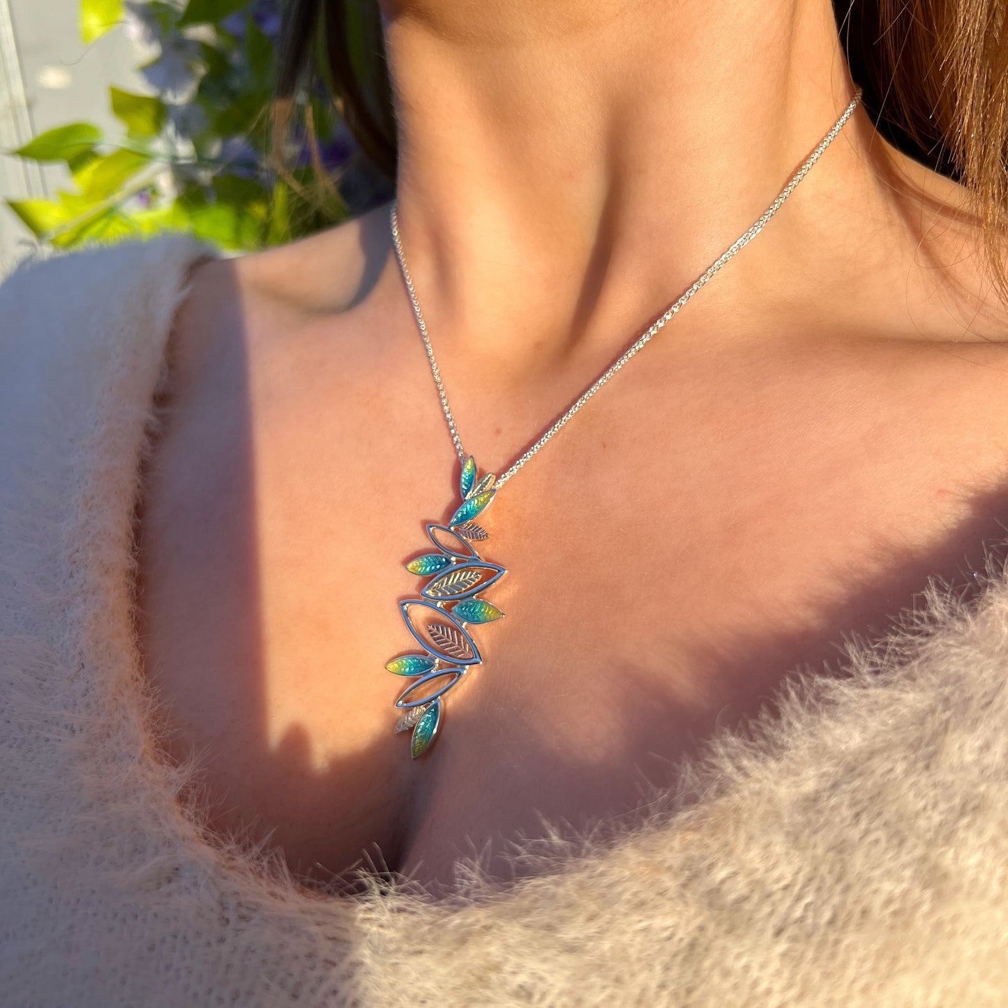 Sterling Silver Sheila Fleet Blue & Green Enamel Leaf Necklac