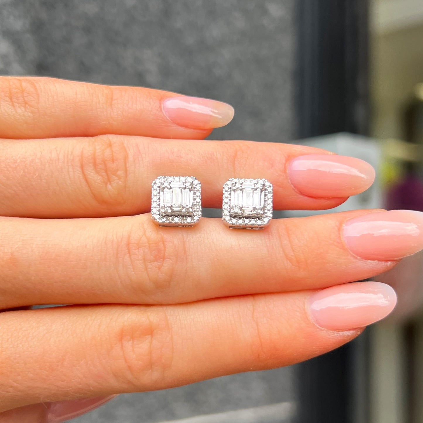 9ct White Gold Square Diamond Stud Earrings