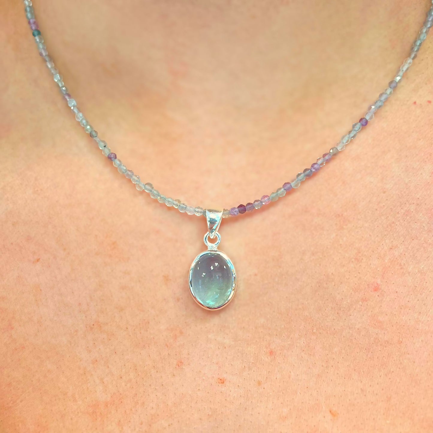 Mystical Sterling Silver Dreamy Aquamarine and Fluorite Beaded Chain Necklace