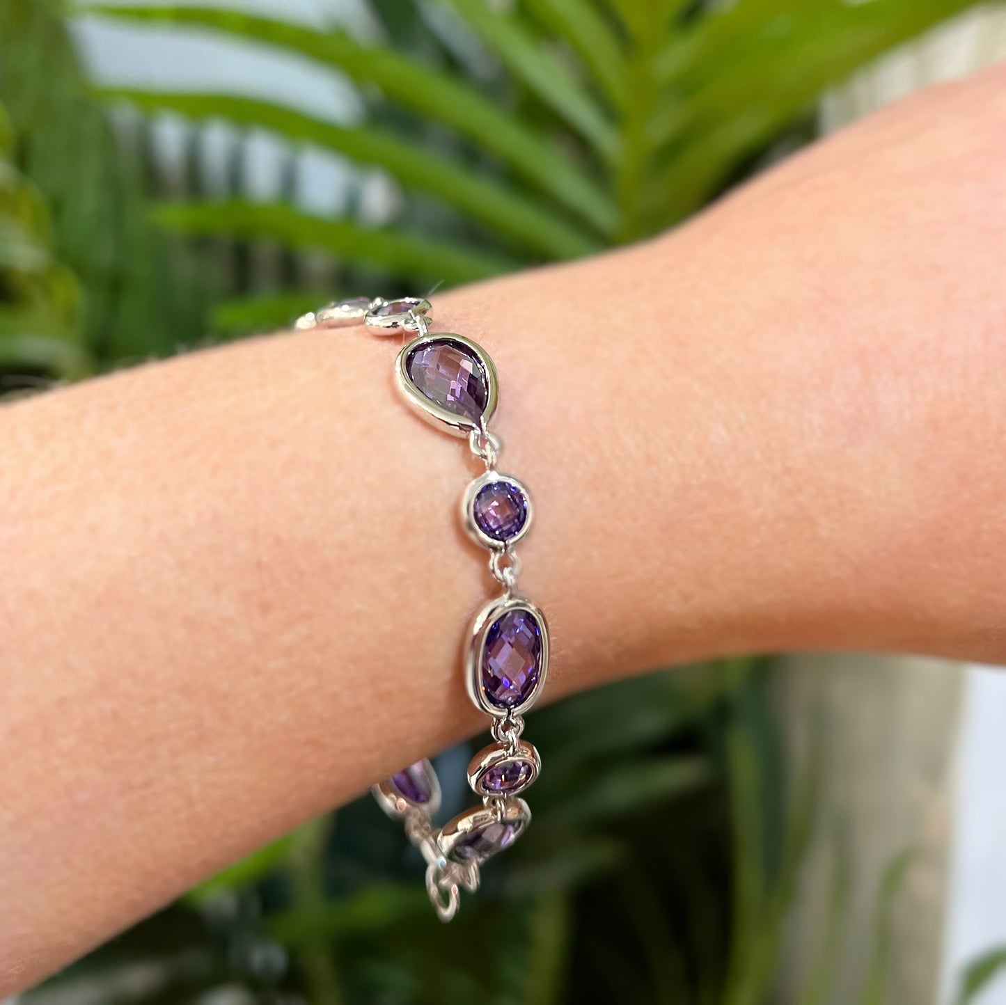 Sterling Silver Pear Shaped Checkerboard Amethyst Glass Bracelet