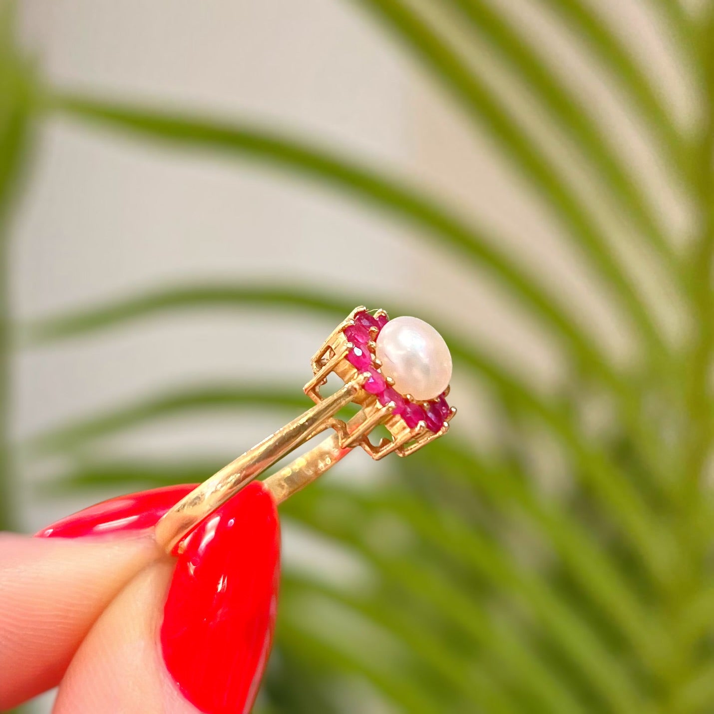 RARE Vintage 14K Gold Ruby and Pearl Cluster Ring - Size O ½