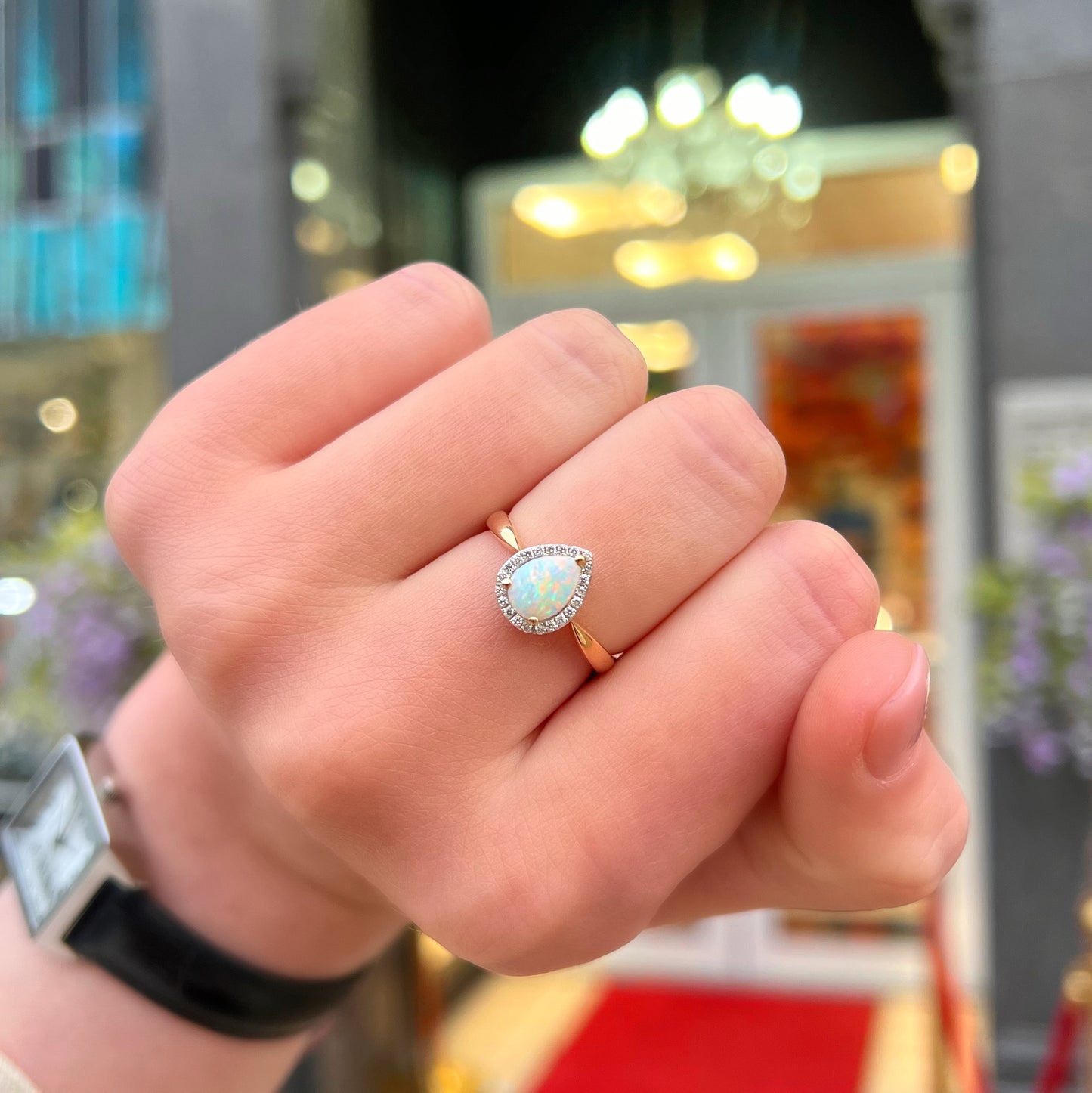 Elegant 9ct Yellow Gold Opal and Diamond Pear Shaped Halo Ring - Size N ½