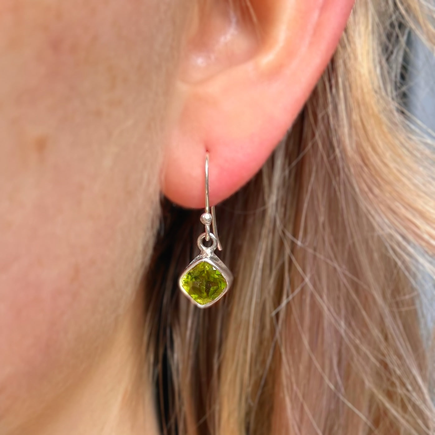 Sterling SIlver Cushion Cut Peridot Drop Earrings