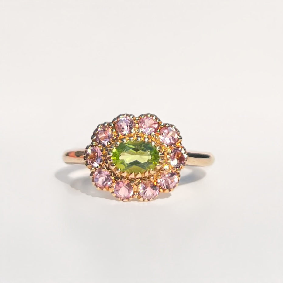 ‘Arabella’ Victorian Reproduction 9ct Yellow Gold Peridot and Pink Tourmaline Floral Inspired Ring - Size O