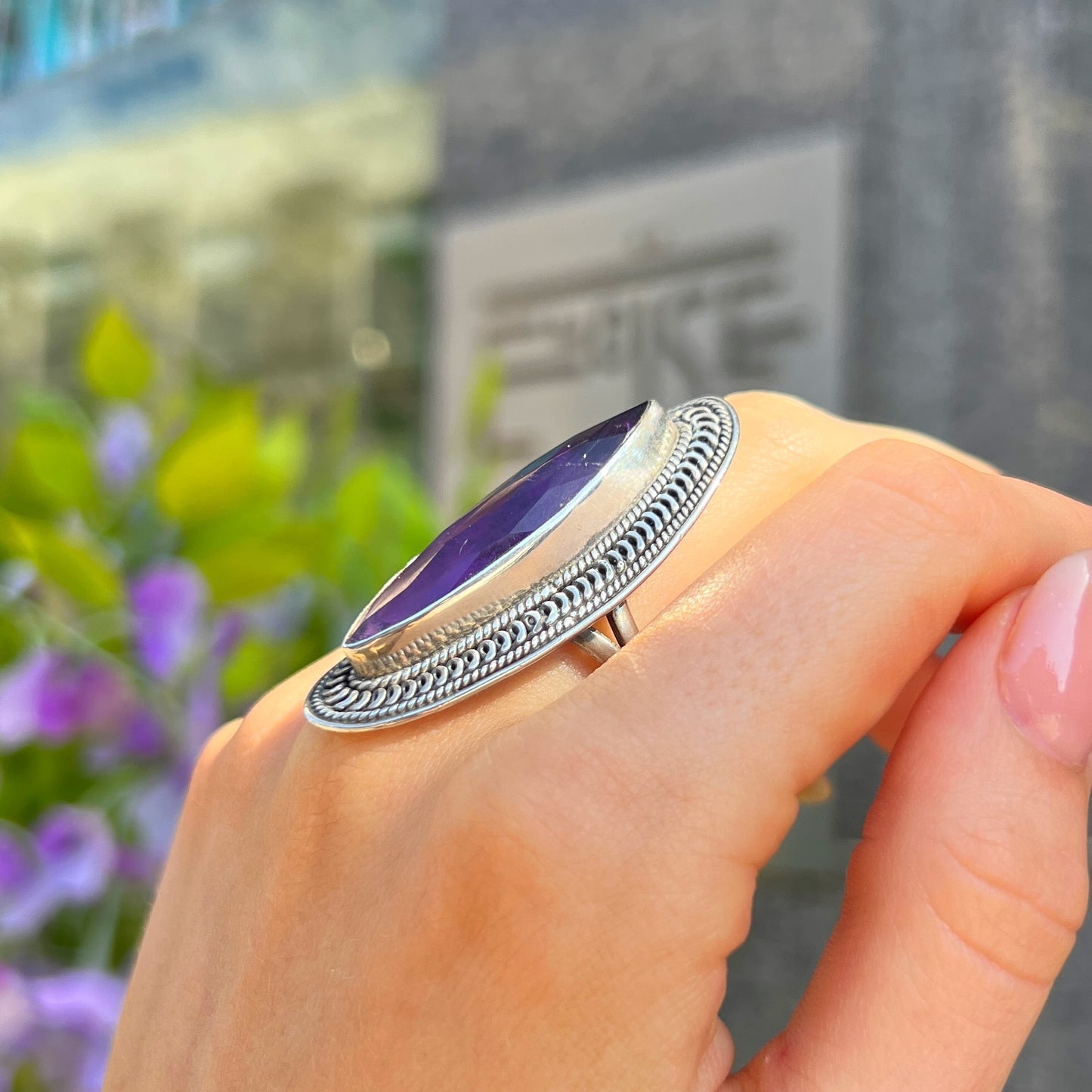Sterling Silver XL Chunky Boho Inspired Purple Amethyst Ring - Size R