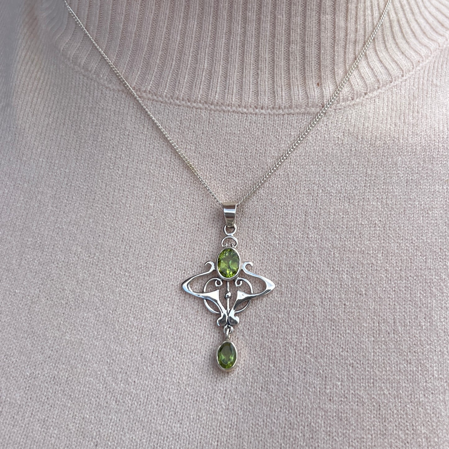Sterling Silver Peridot Art Nouveau Inspired Necklace