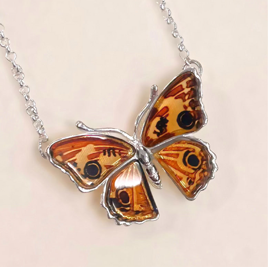 Sterling Silver Amber Peacock Pansy Butterfly Necklace