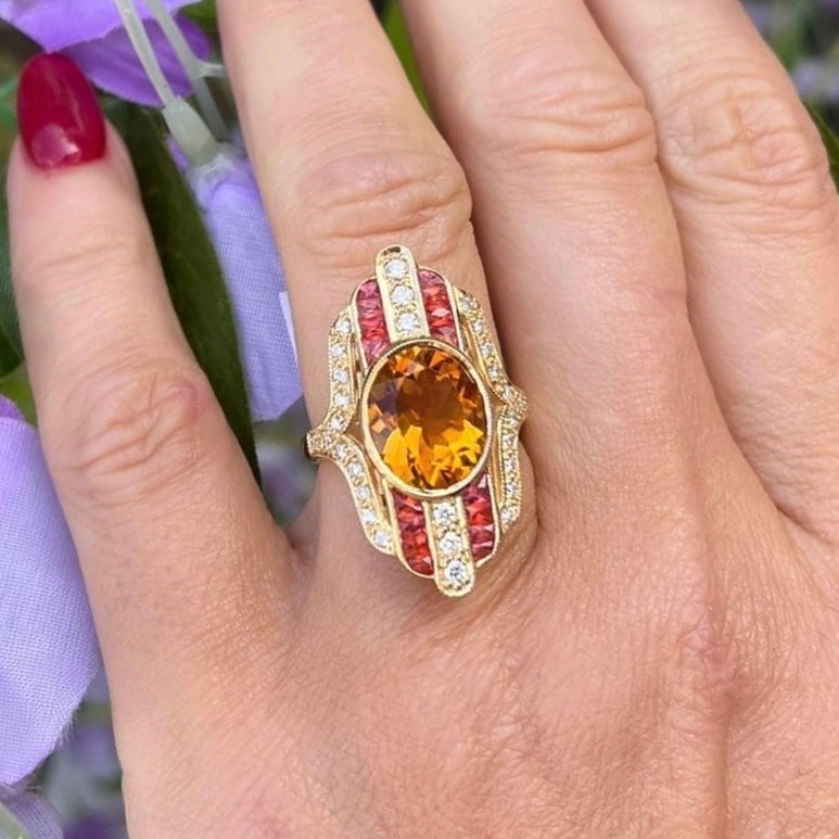 18ct Yellow Gold Citrine, Orange Sapphire & Diamond Cocktail Ring - Size M ½