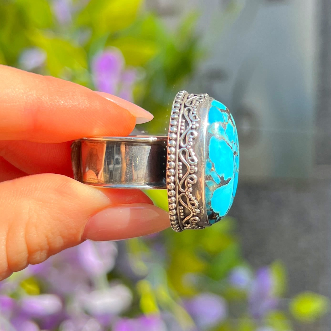 Chunky Sterling Silver Blue Turquoise Boho Ring - Size R
