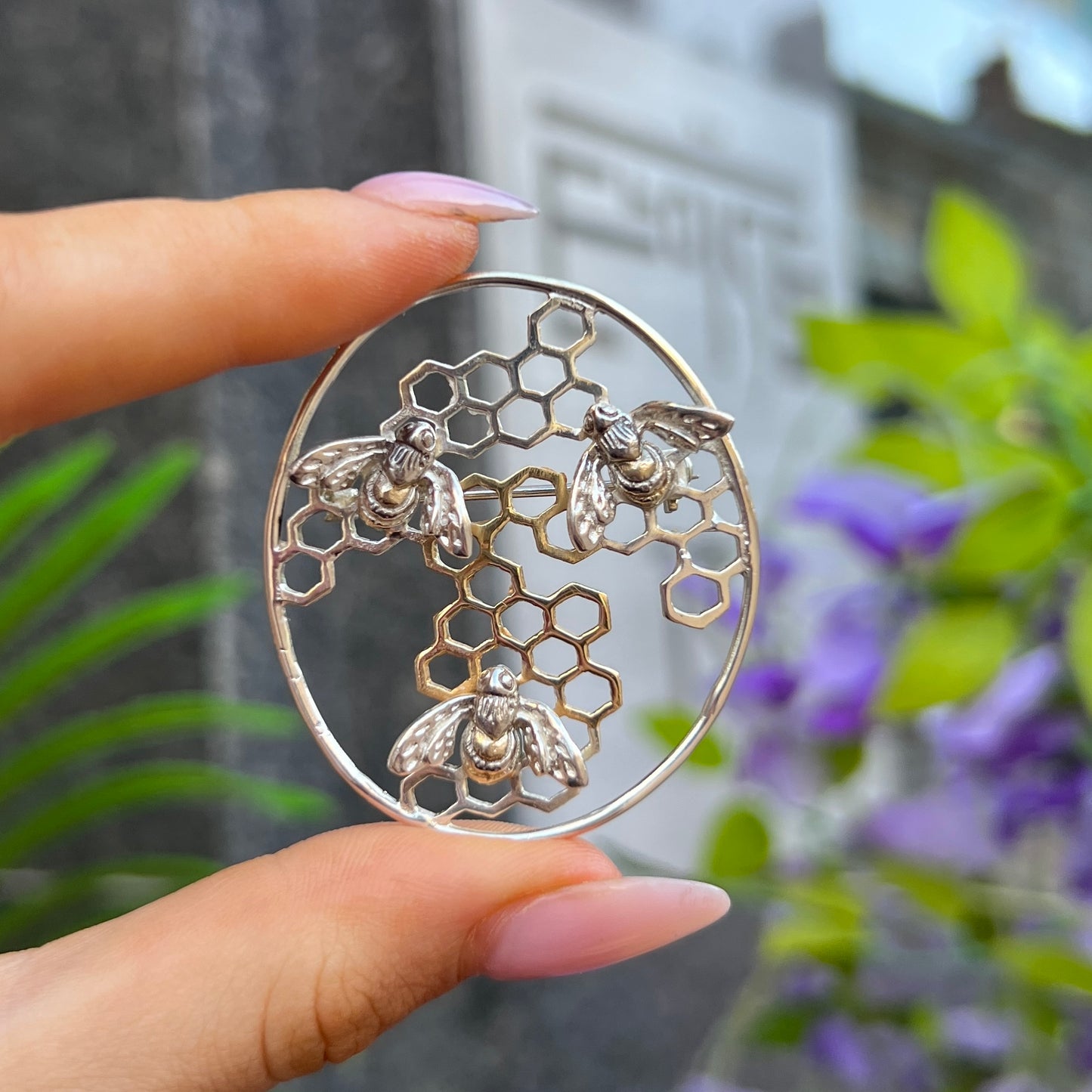 Paula Bolton Honeycomb Bee Design Sterling Silver Gold Plated Brooch