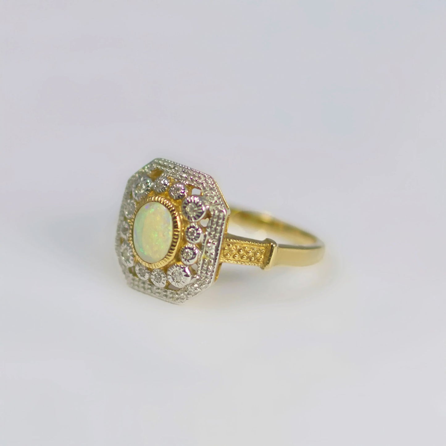 Opulent Art Deco Inspired 9ct Yellow Gold Octagonal Opal and Diamond Cluster Ring - Size O