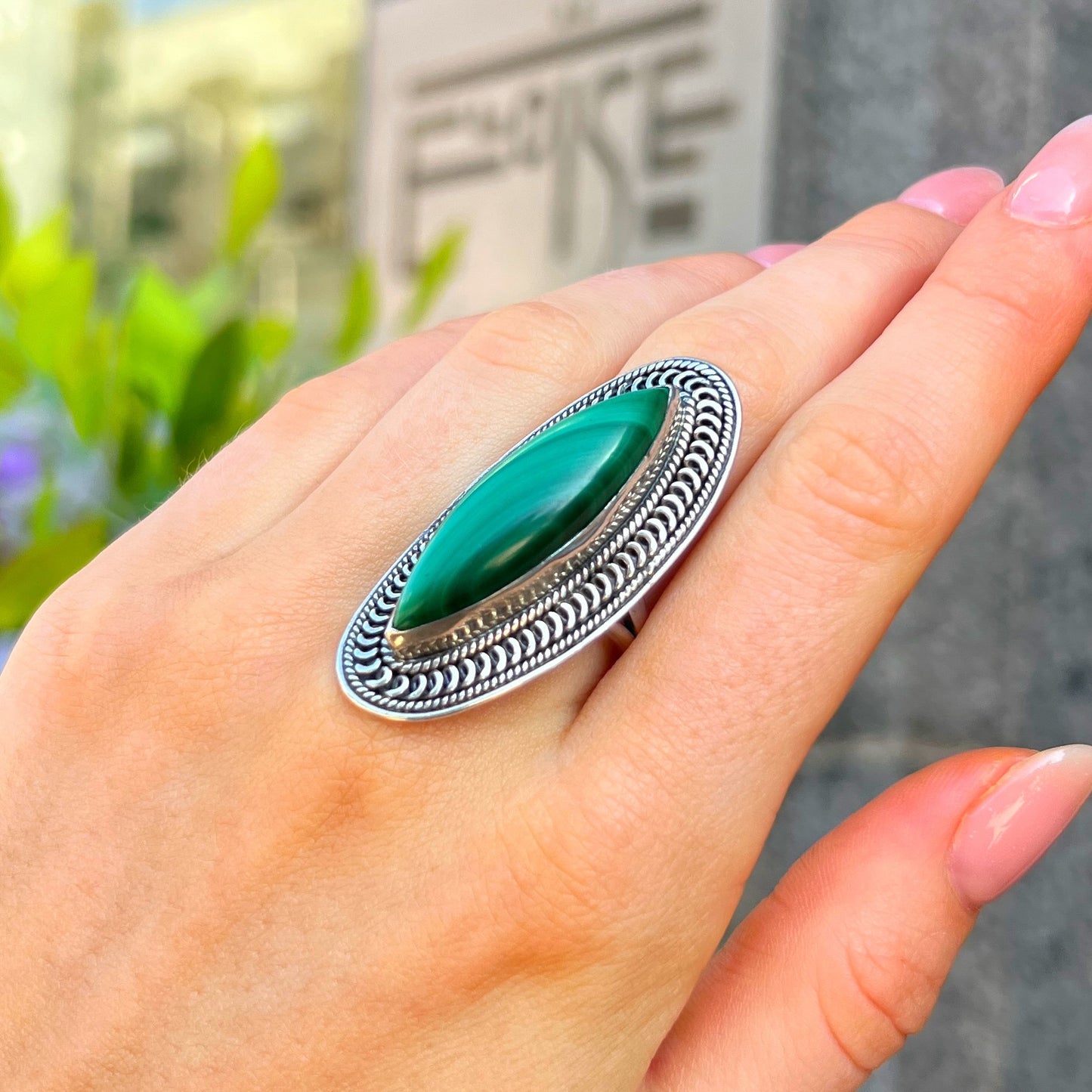 XL Chunky Boho Inspired Green Malachite Ring - Size R