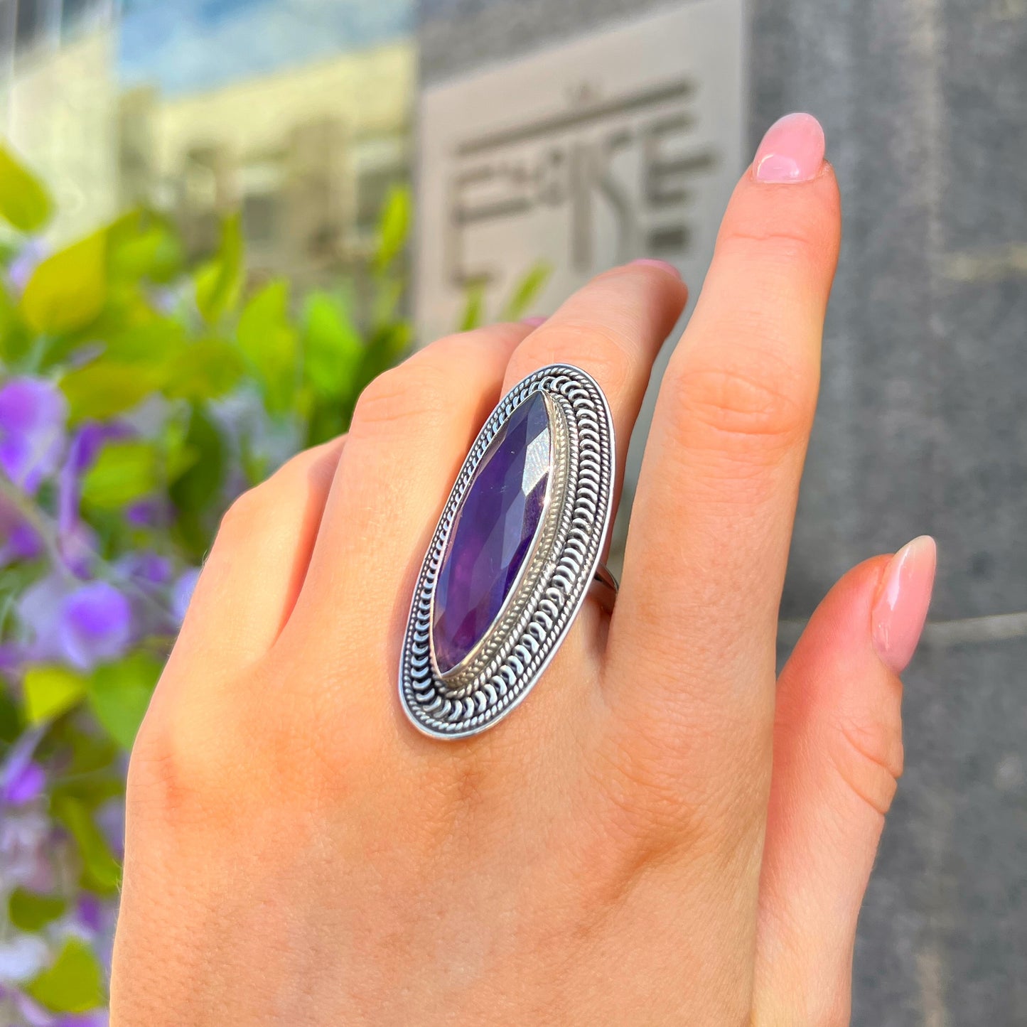 Sterling Silver XL Chunky Boho Inspired Purple Amethyst Ring - Size R