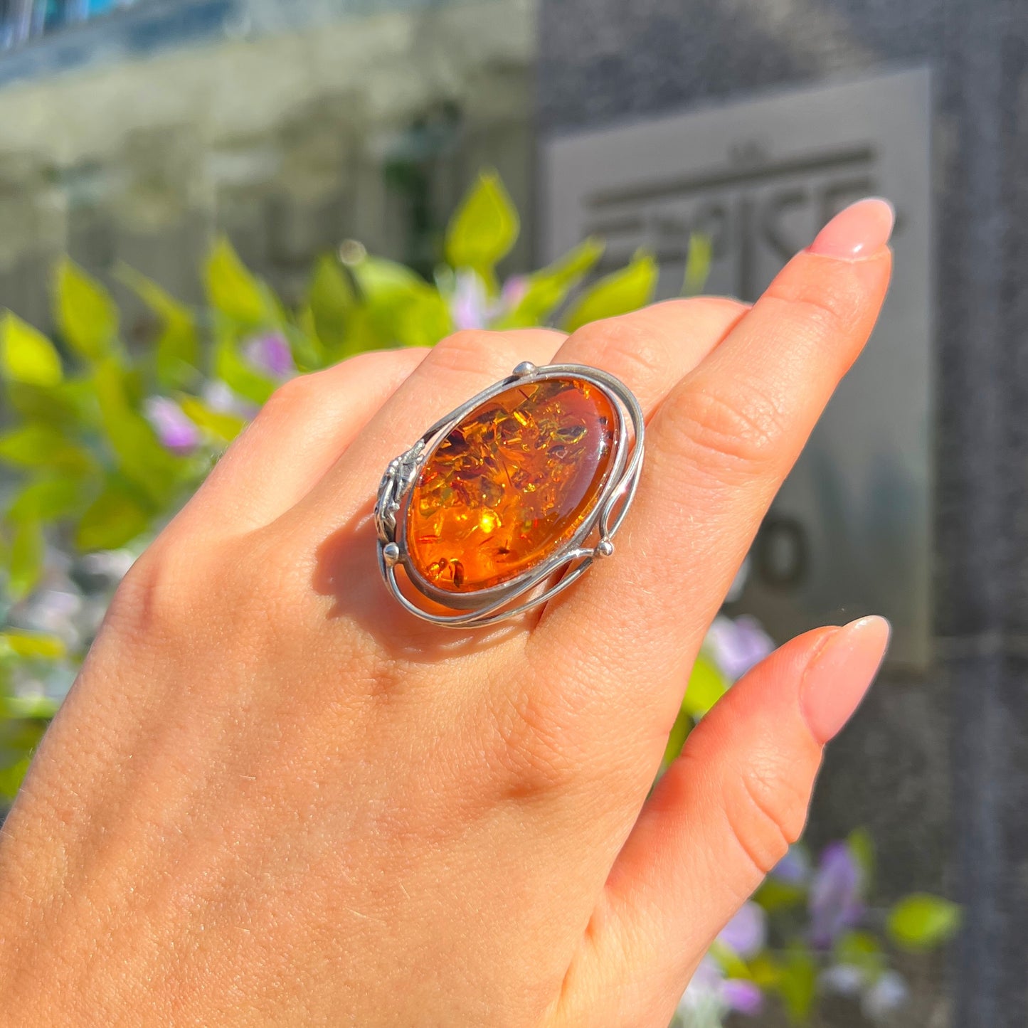 Super Chunky Sterling Silver Orange Amber Ring - Size P