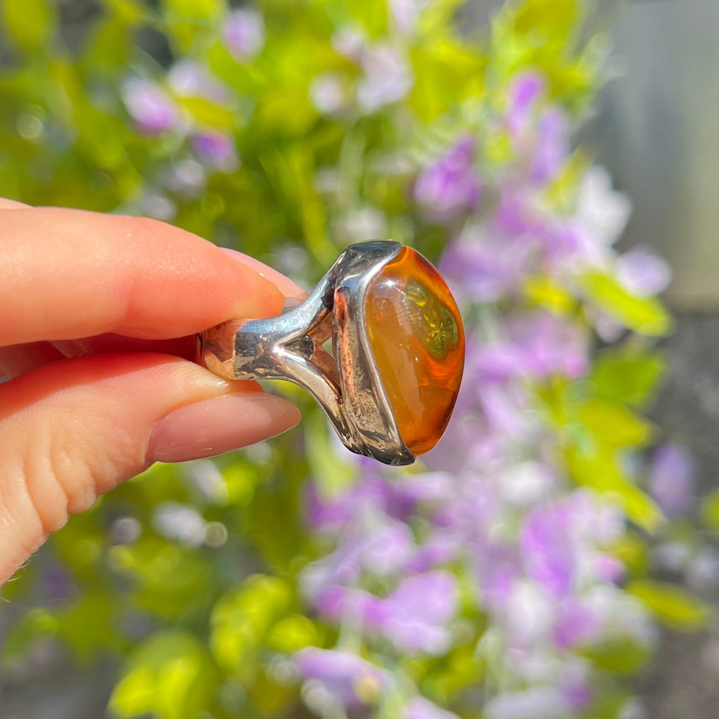 Super Chunky Sterling Silver Orange Amber Ring - Adjustable Size
