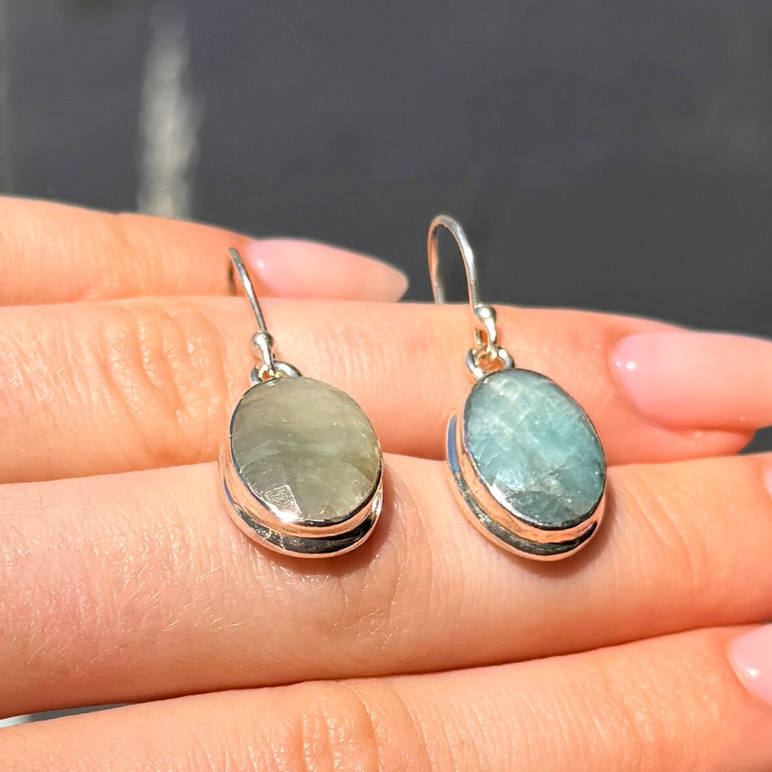 Naturally Varied Oval Cut Green Emerald Sterling Silver Drop Earrings