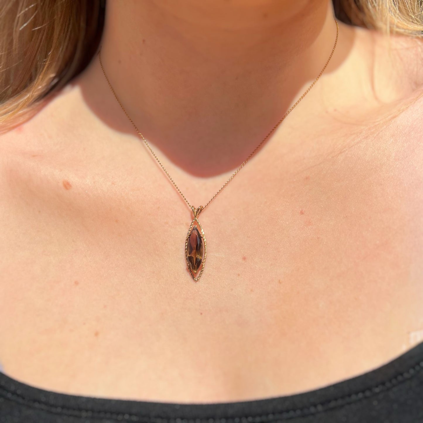 Vintage 9ct Yellow Gold Smoky Topaz Navette Shaped Necklace
