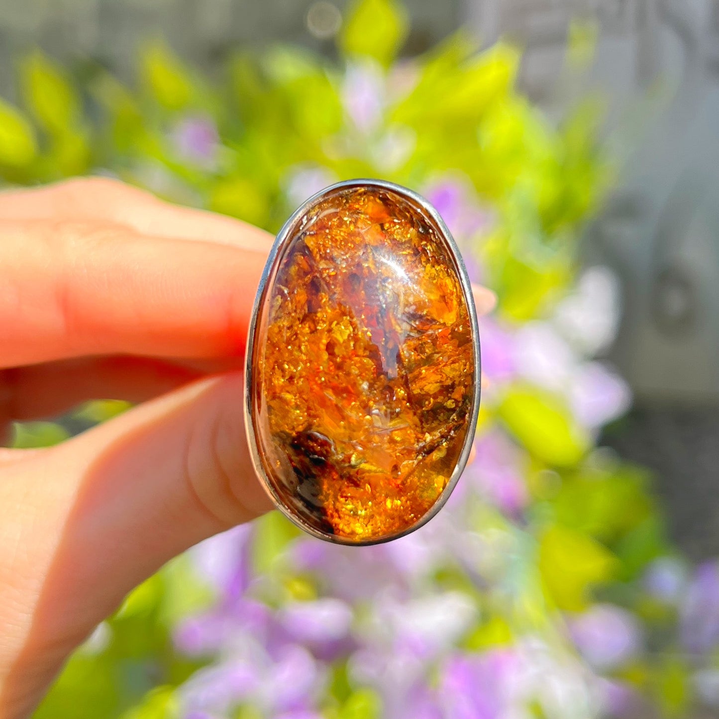 Super Chunky Sterling Silver Orange Amber Ring - adjustable