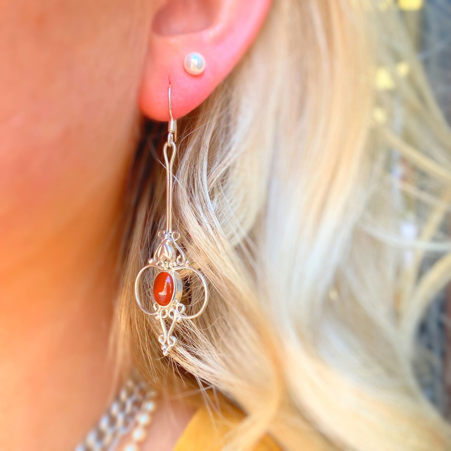 Intricate Filigree Sterling Silver Carnelian Drop Earrings