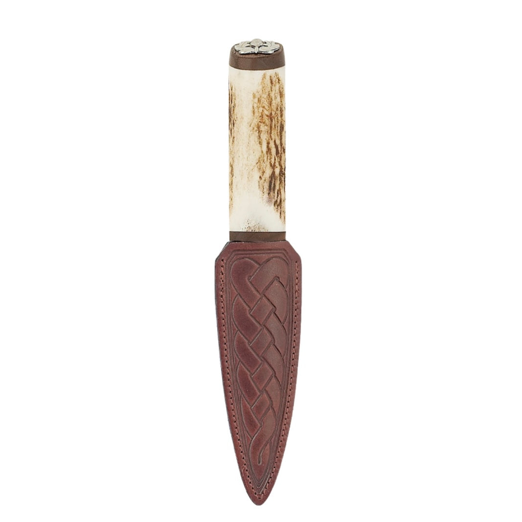 Scottish Staghorn Damascus Blade Sgian Dubh with Brown Leather Sheath