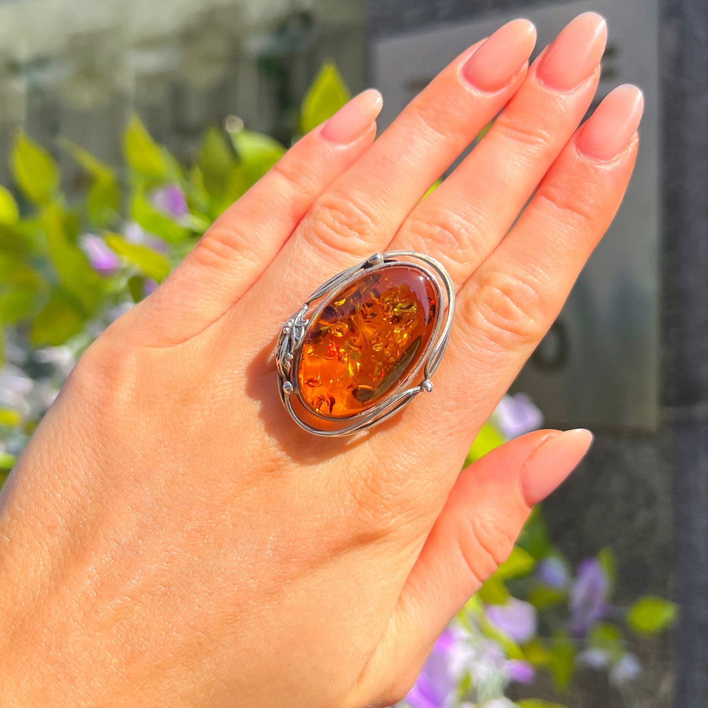 Super Chunky Sterling Silver Orange Amber Ring - Size P