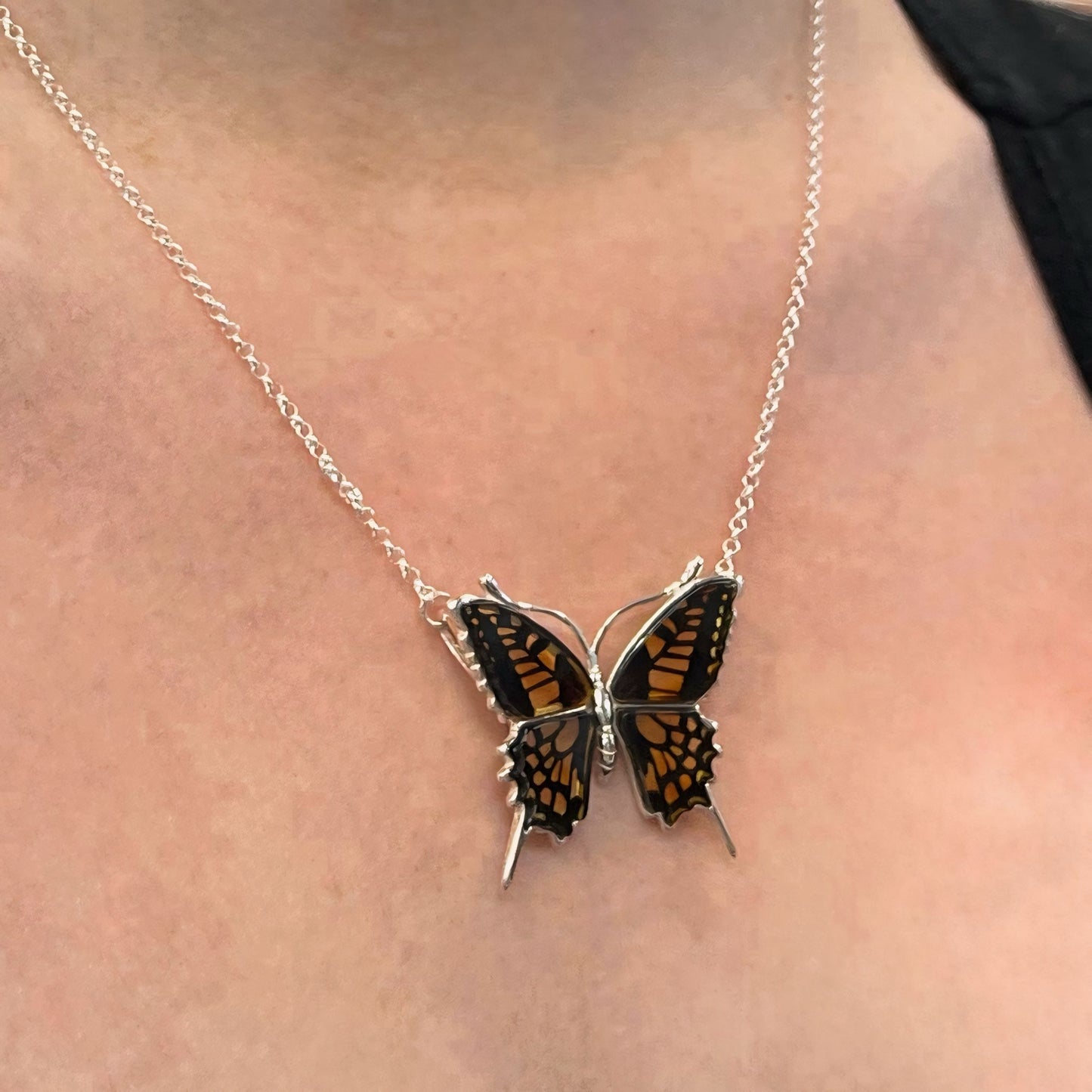 Large Sterling Silver Amber Blue Morpho Butterfly Necklace