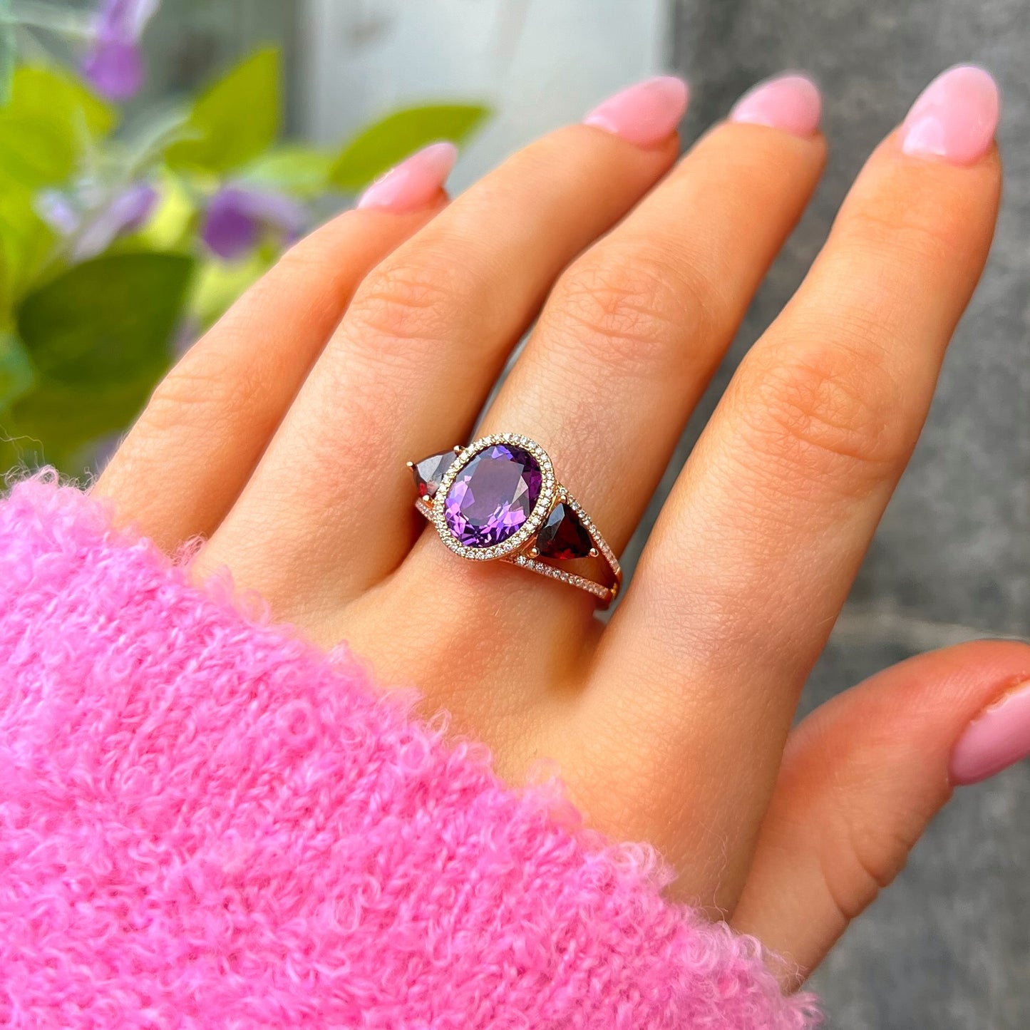 18ct Rose Gold Purple Amethyst, Red Garnet and Diamond Ring - Size M