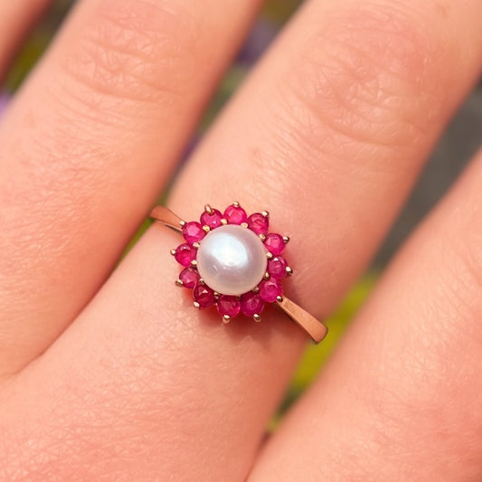 RARE Vintage 14K Gold Ruby and Pearl Cluster Ring - Size O ½