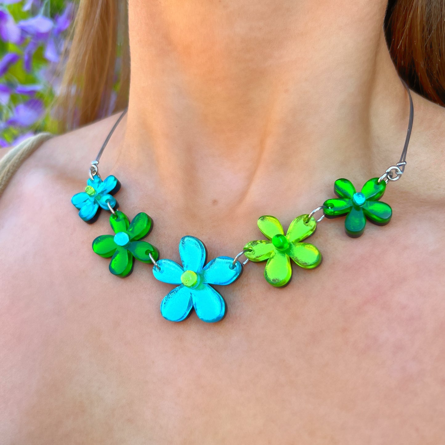 ‘Watch This Space’ Green & Blue Flower Necklace