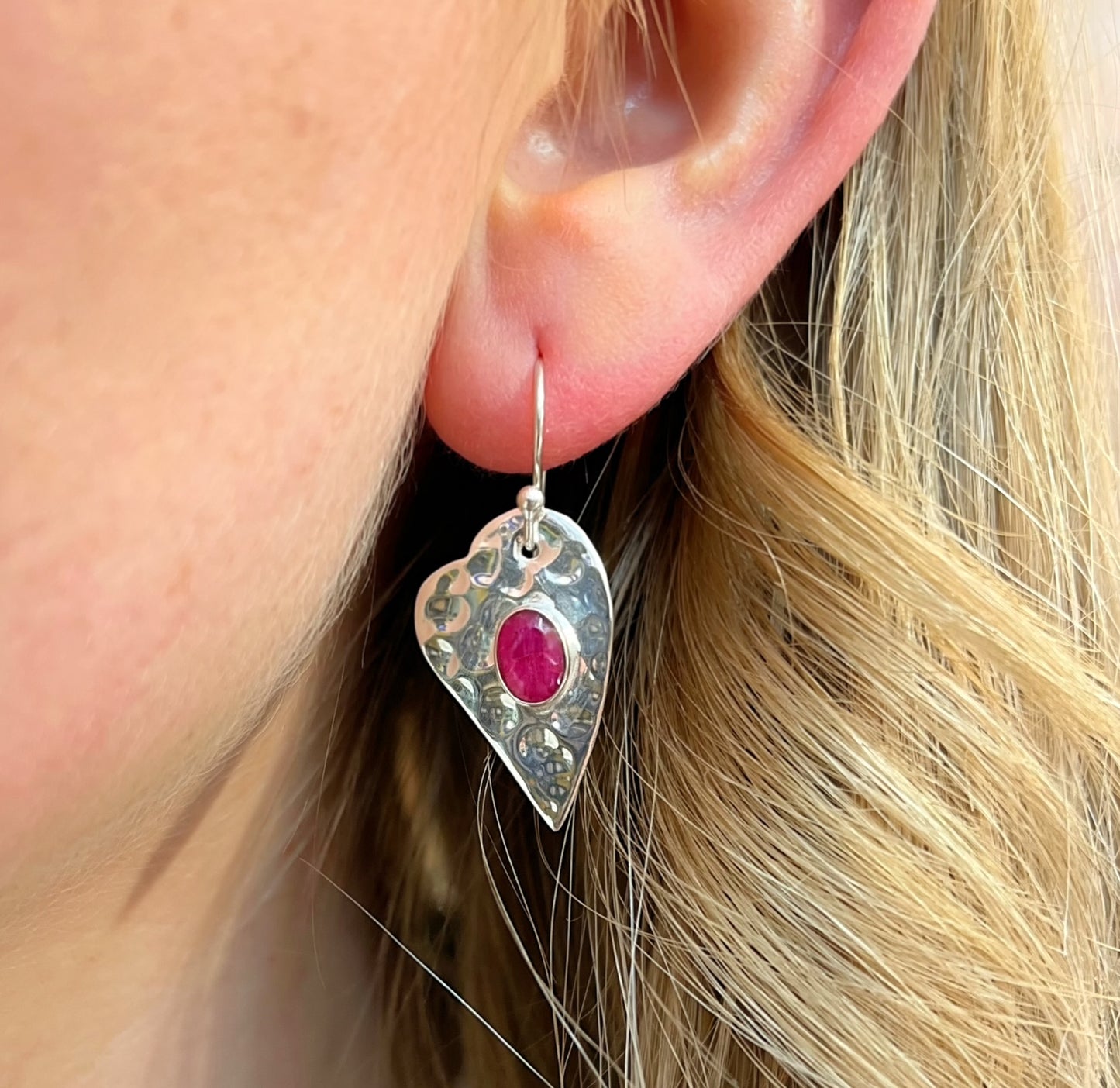 Sterling Silver Hammered Heart Ruby Earrings