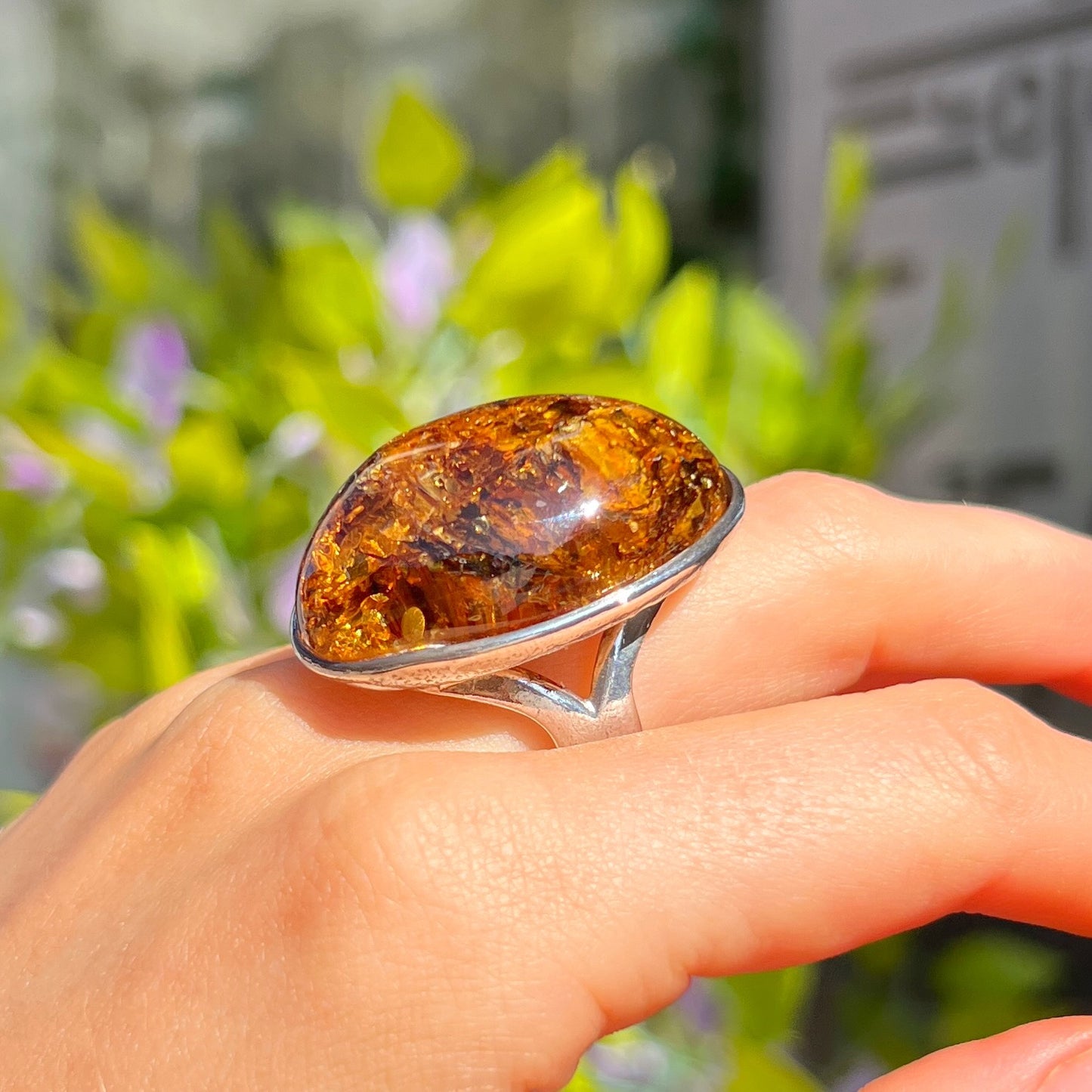 Super Chunky Sterling Silver Orange Amber Ring - adjustable