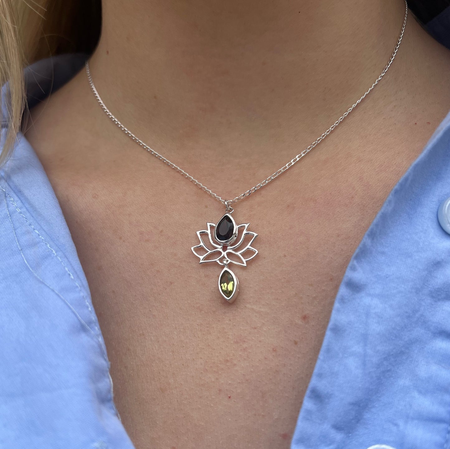 Sterling Silver Topaz and Peridot Lotus Necklace