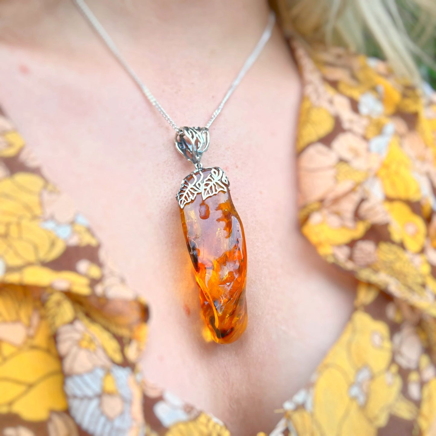 Rare Sterling Silver Orange Amber Prehistoric Fossilised Spider Pendant