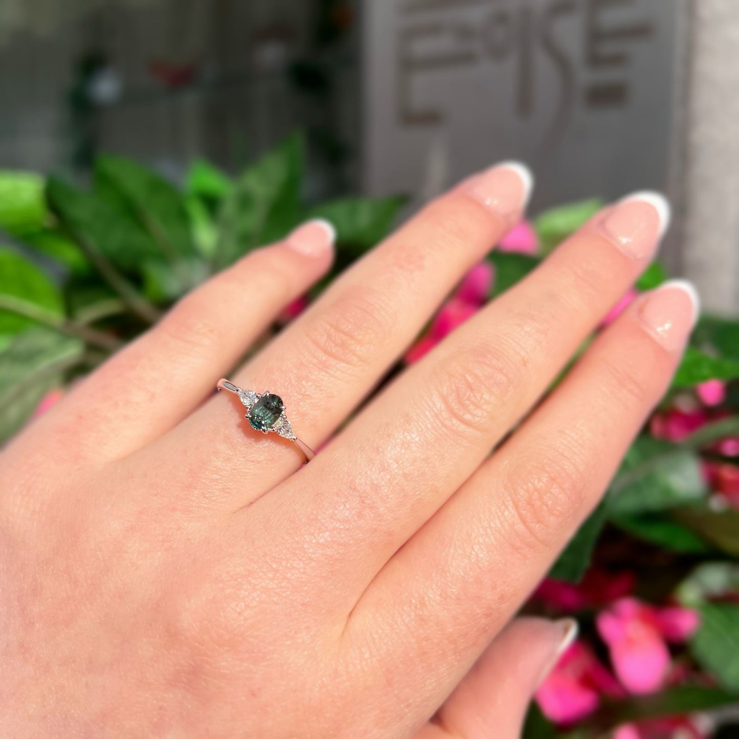 Classic Platinum Green Sapphire and Diamond Trilogy Ring - Size M 1/2