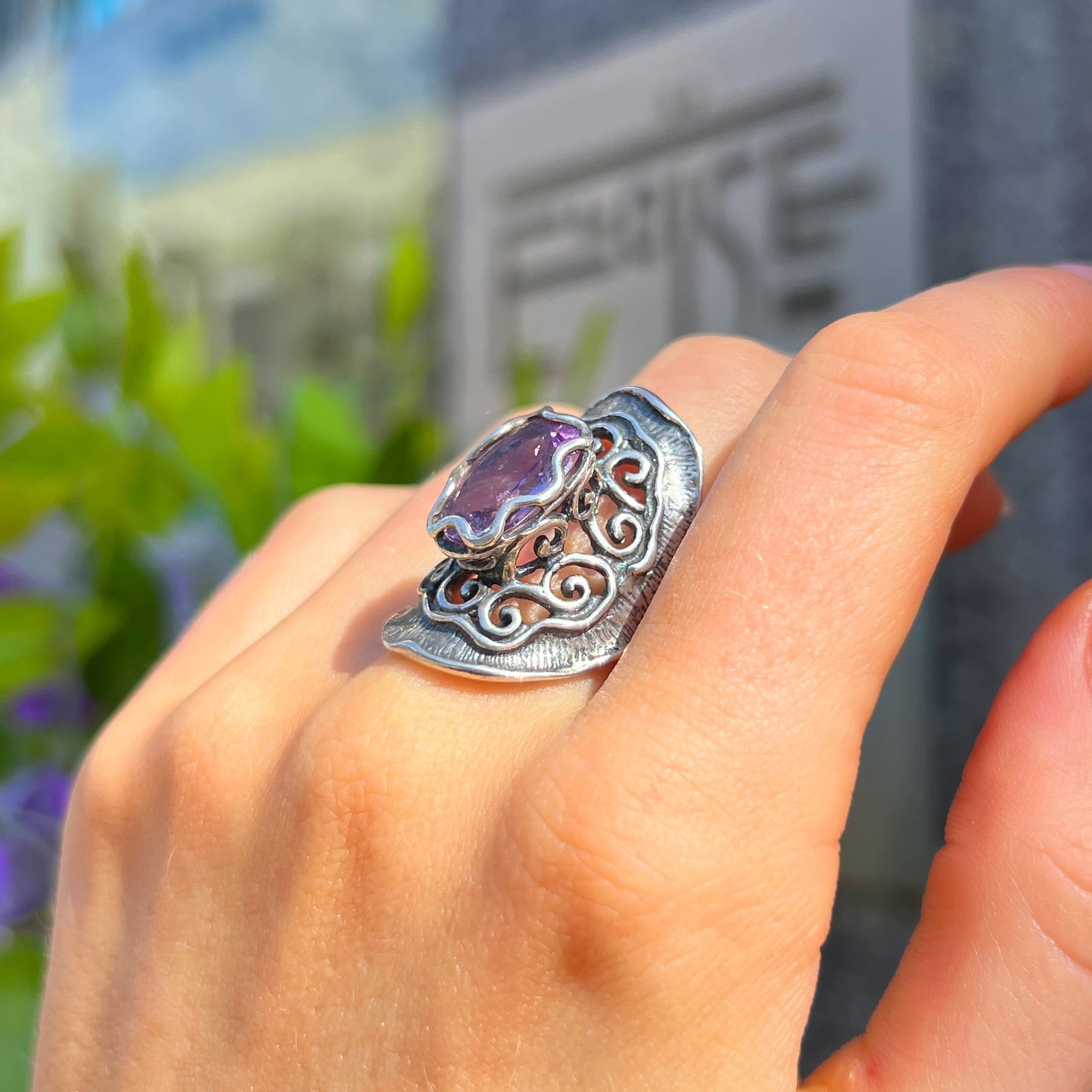Swirl Sterling Silver Amethyst Ring - Size R