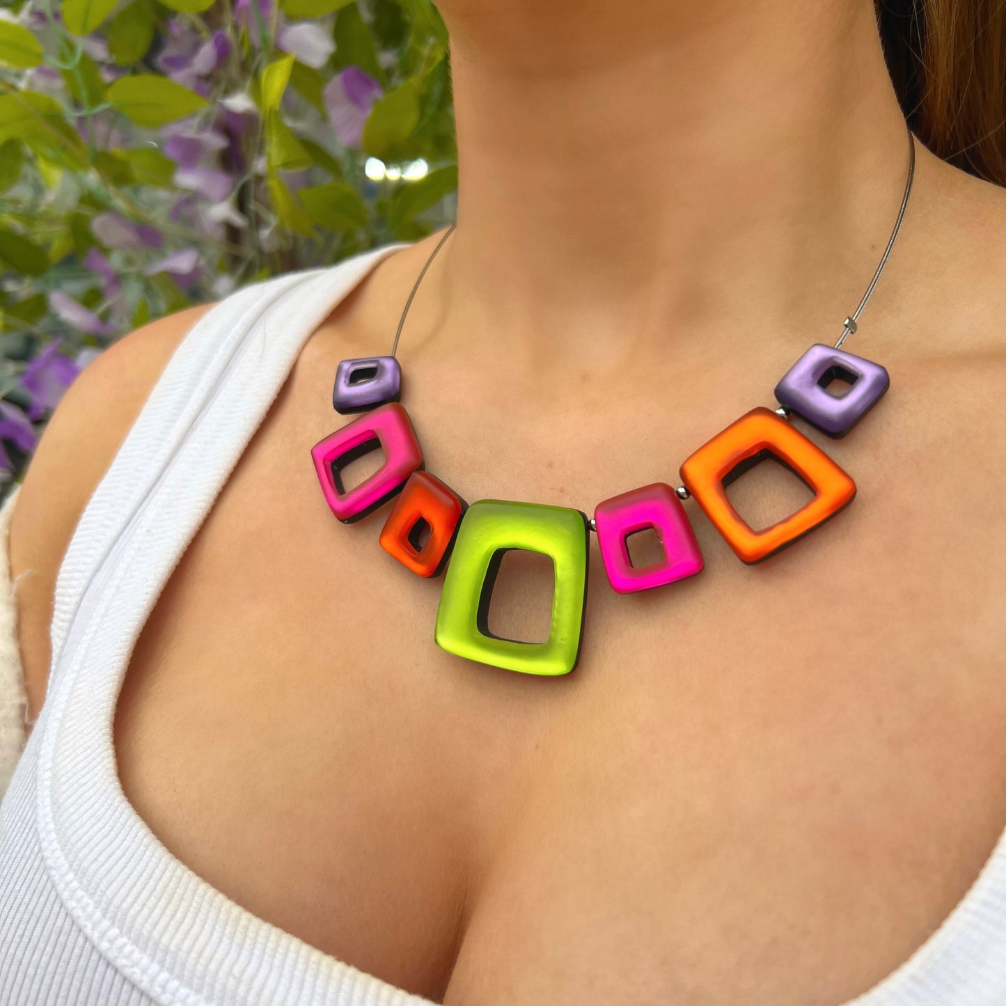 ‘Watch This Space’ Sherbet Pink, Purple, Green & Orange Square Necklace