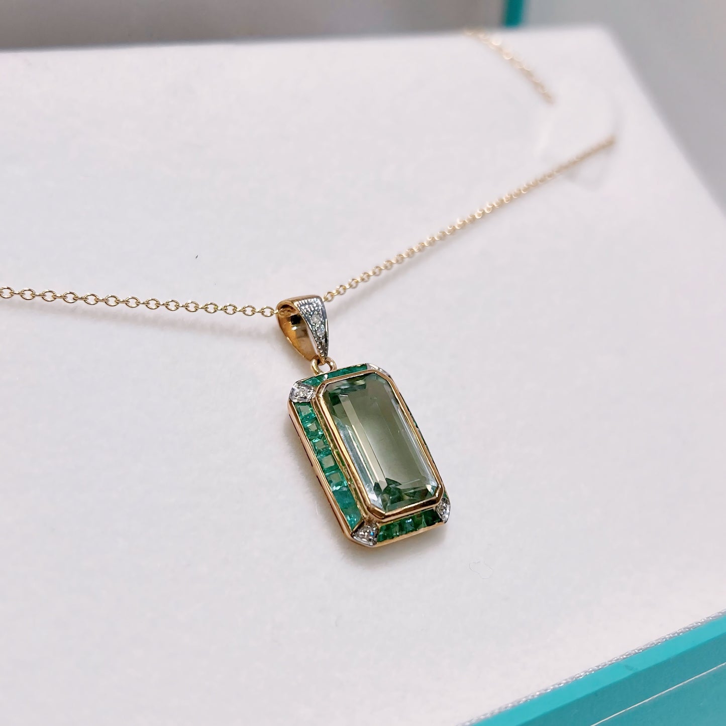 Art Deco Inspired 9ct Yellow Gold Green Amethyst and Emerald Necklace