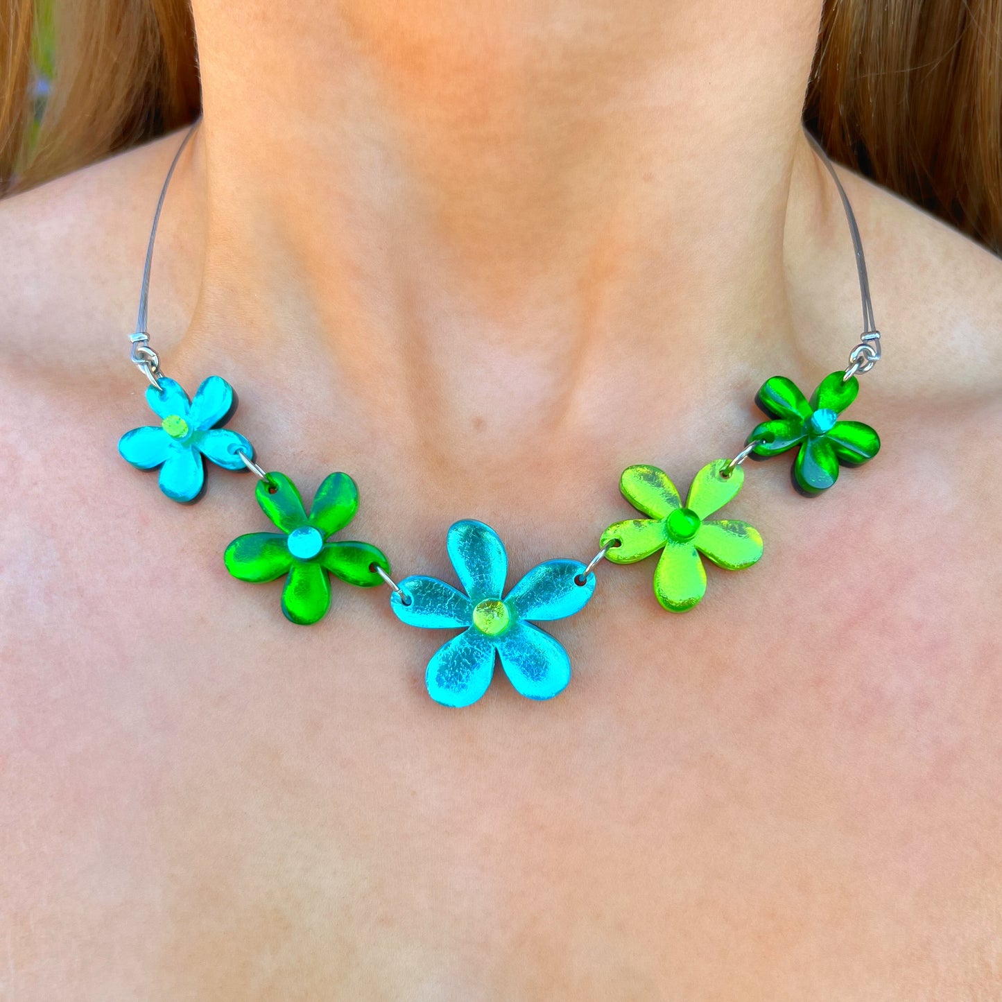 ‘Watch This Space’ Green & Blue Flower Necklace