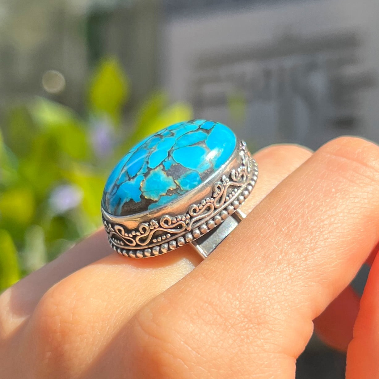 Chunky Sterling Silver Blue Turquoise Boho Ring - Size R