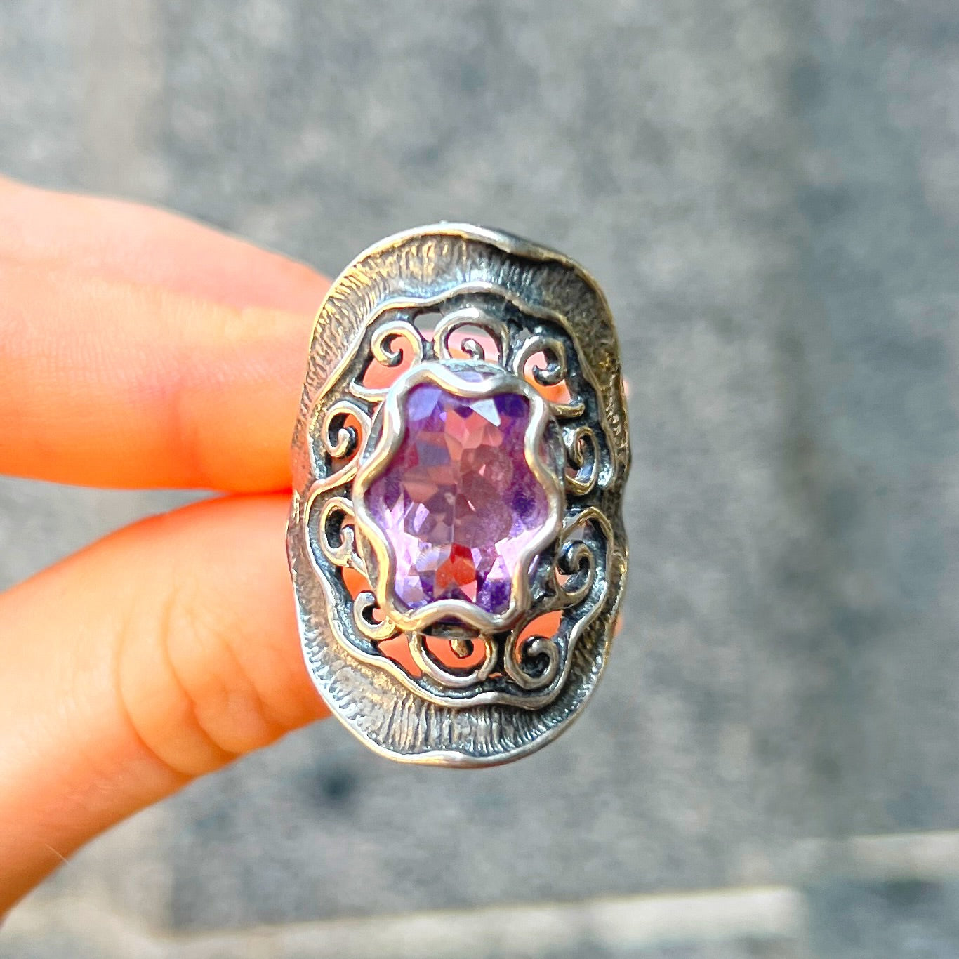 Swirl Sterling Silver Amethyst Ring - Size R