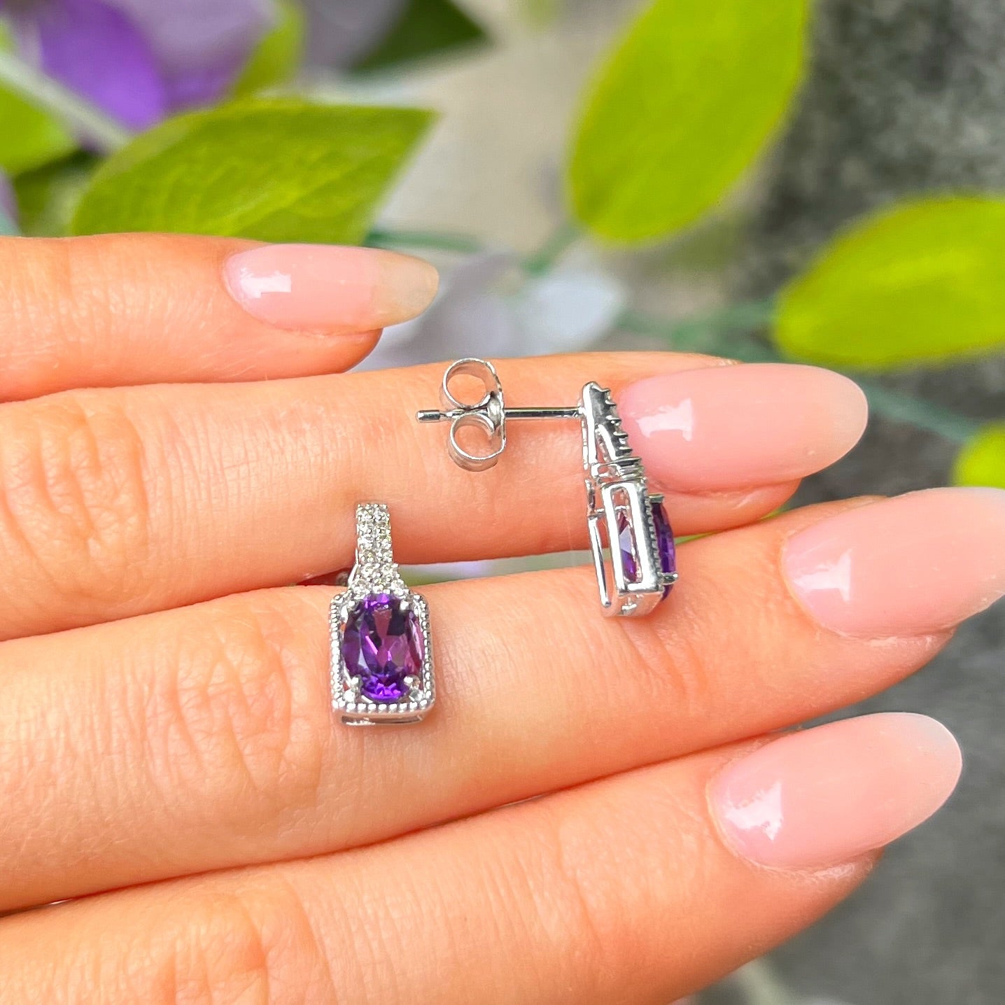 9ct White Gold Purple Amethyst & Diamond Stud Earrings