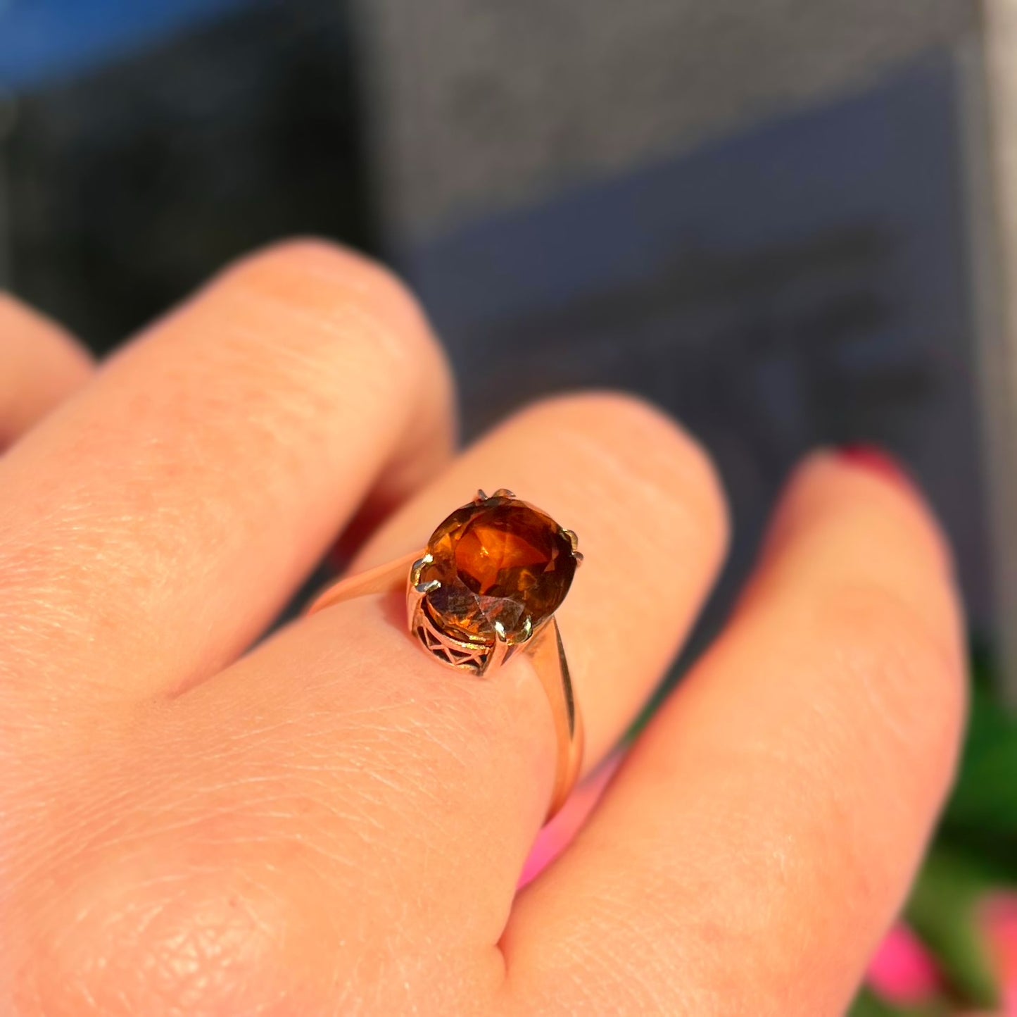Vintage 9ct Yellow Gold Oval Citrine Solitaire Stacking Ring - Size N ½