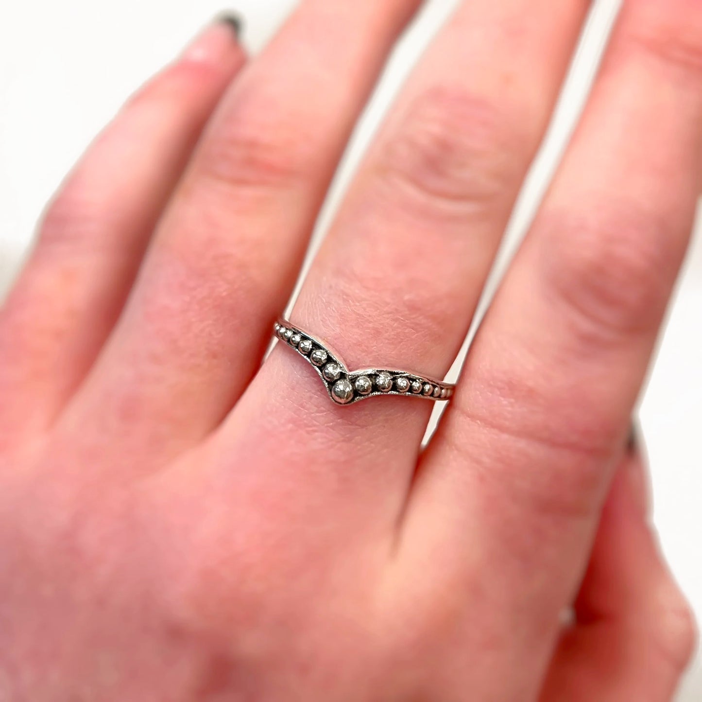 Sterling Silver Beaded Wishbone Ring - K ½