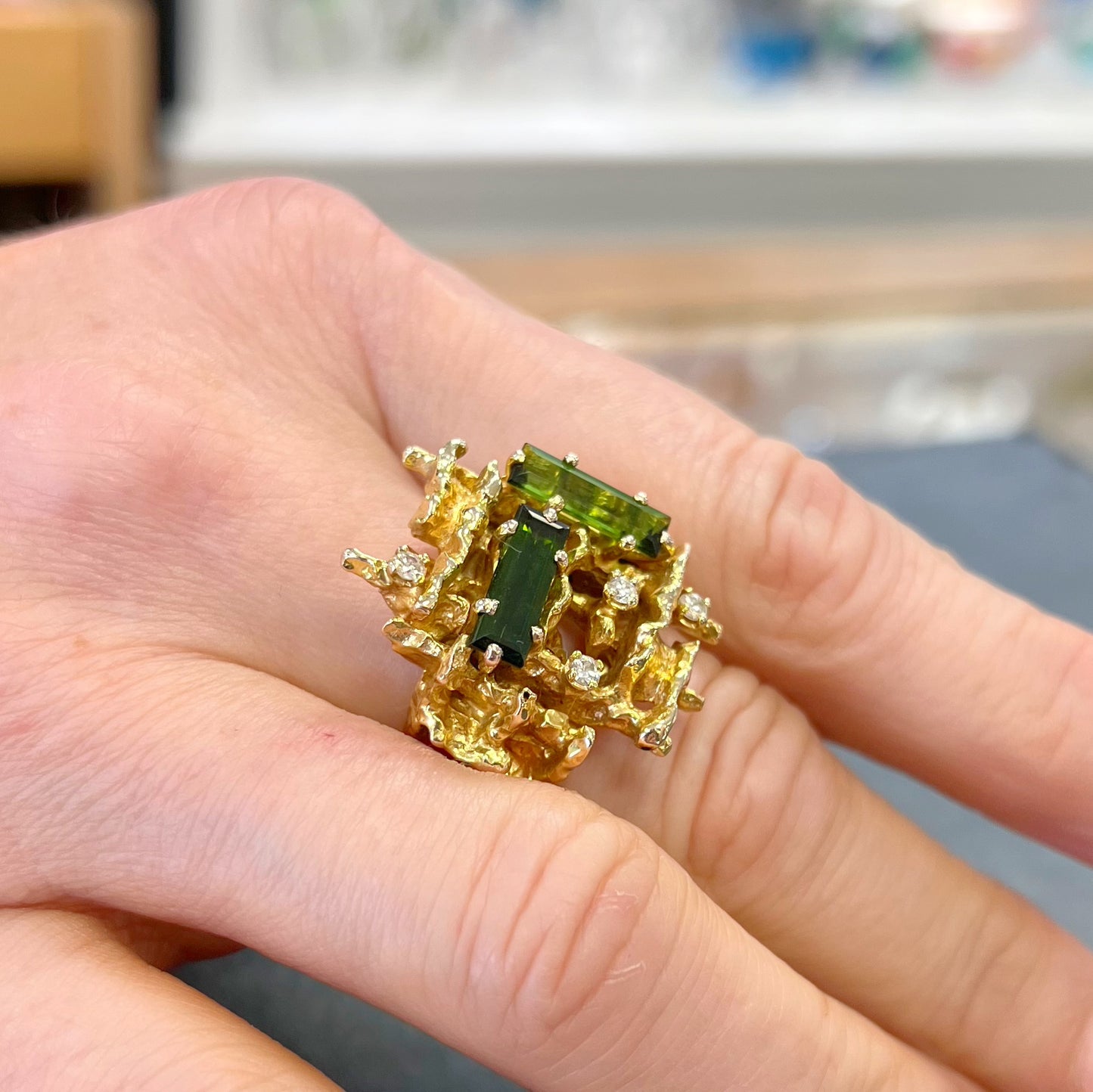 RARE Vintage 1970s Brutalist Style 9ct Yellow Gold Green Tourmaline and Diamond Dress Ring - Size R