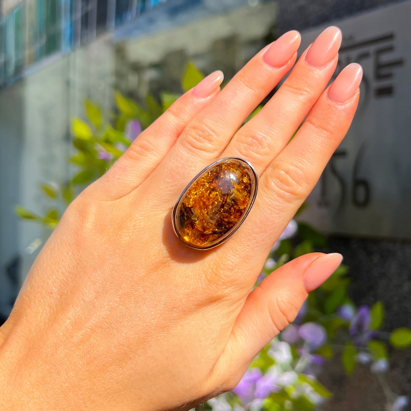 Super Chunky Sterling Silver Orange Amber Ring - adjustable