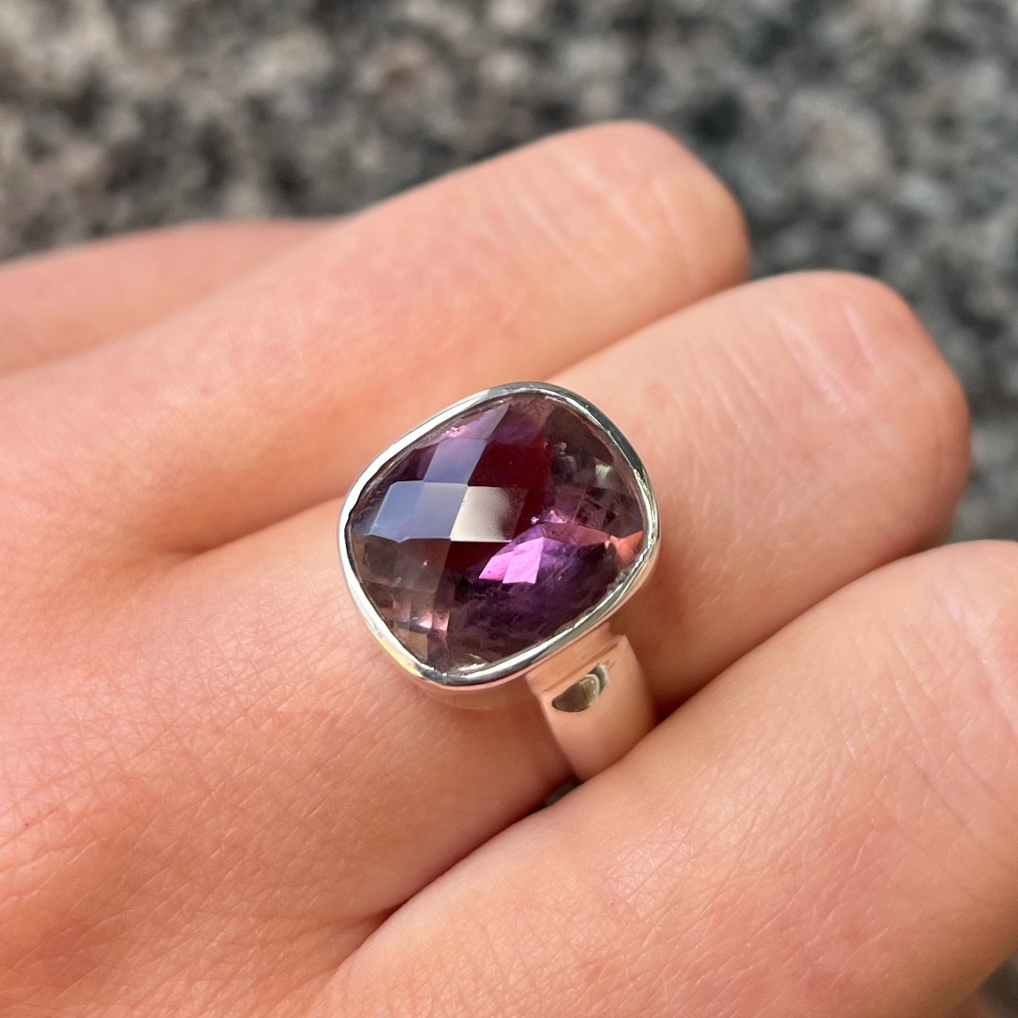 Sterling Silver Chunky Statement Checkerboard Amethyst Ring - Size N