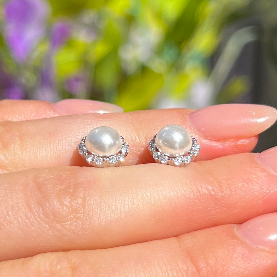 Pearl & Cubic Zirconia Halo Sterling Silver Stud Earrings
